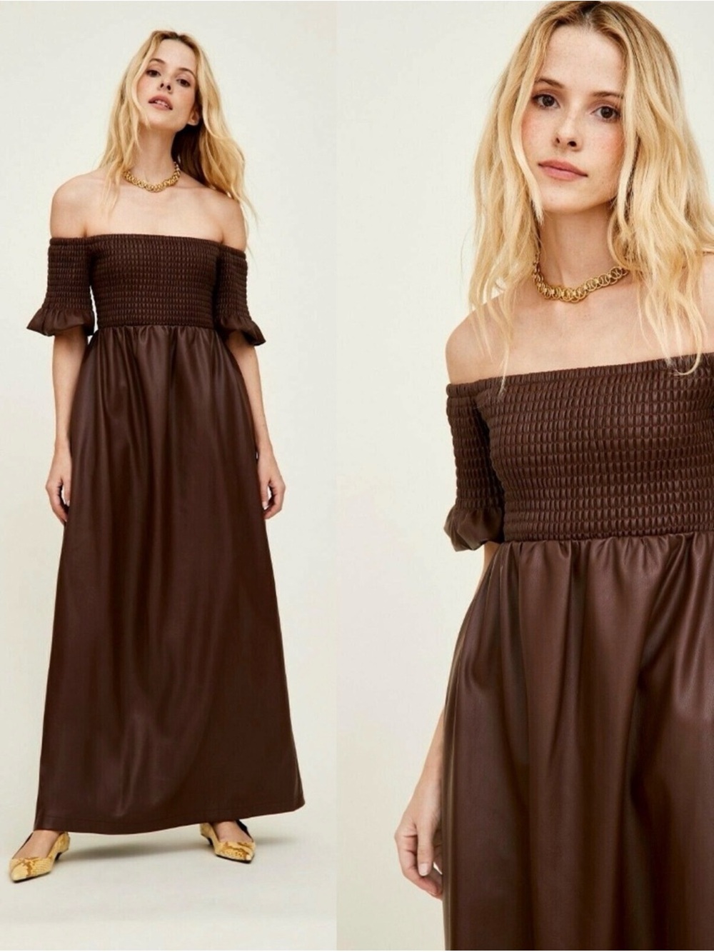 Staud Mae Off-The-Shoulder Vegan Leather Brown Maxi Dress Small